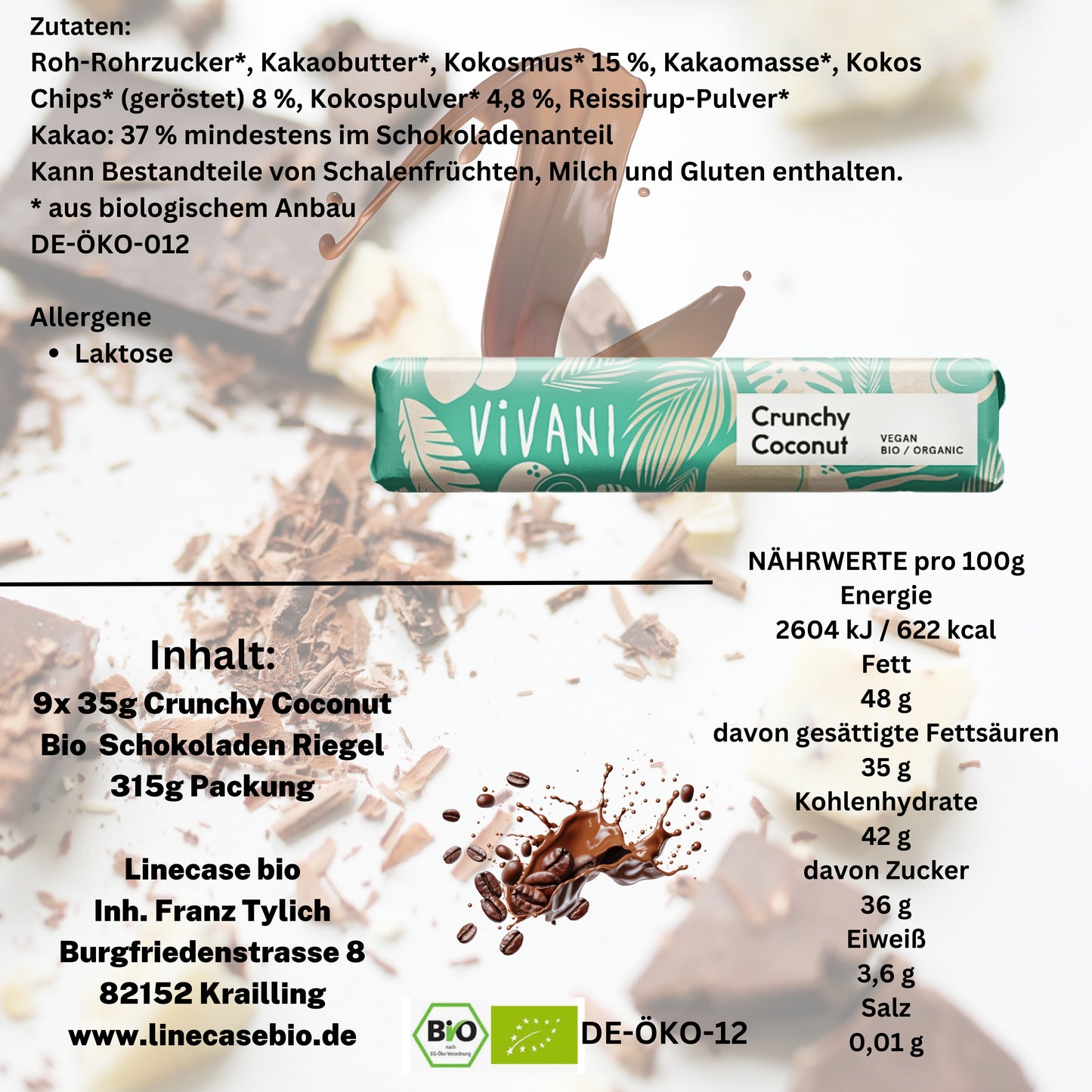 Vivani - Crunchy Coconut Schokoladenriegel 9x35g| Bio & Vegan Schokolade| Vegane Schokolade| Dunkle Schokolade