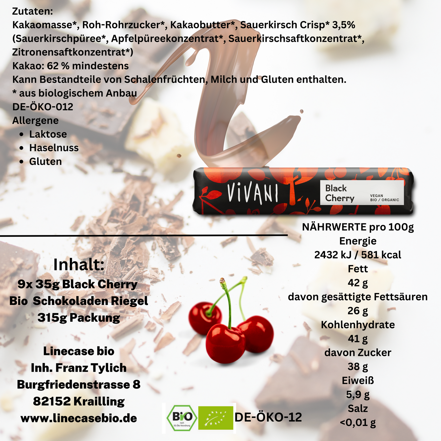Vivani - Black Cherry Schokoladenriegel 35g