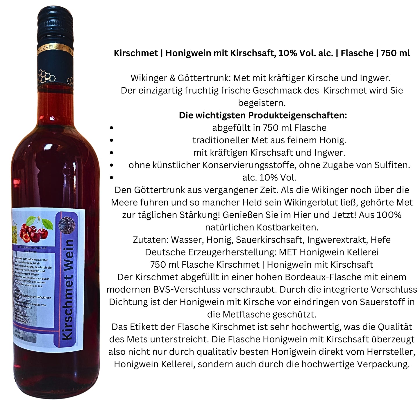 Honig Wein Kirsche 0,75l Flasche| Kirschmet| Honigwein mit Kirsche| Met mit Kirschgeschmack| Kirsch Wein