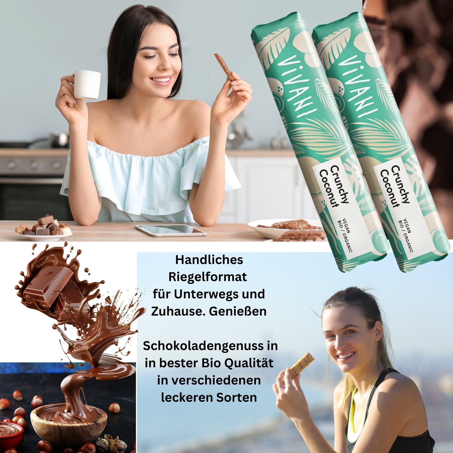 Vivani - Crunchy Coconut Schokoladenriegel 9x35g| Bio & Vegan Schokolade| Vegane Schokolade| Dunkle Schokolade