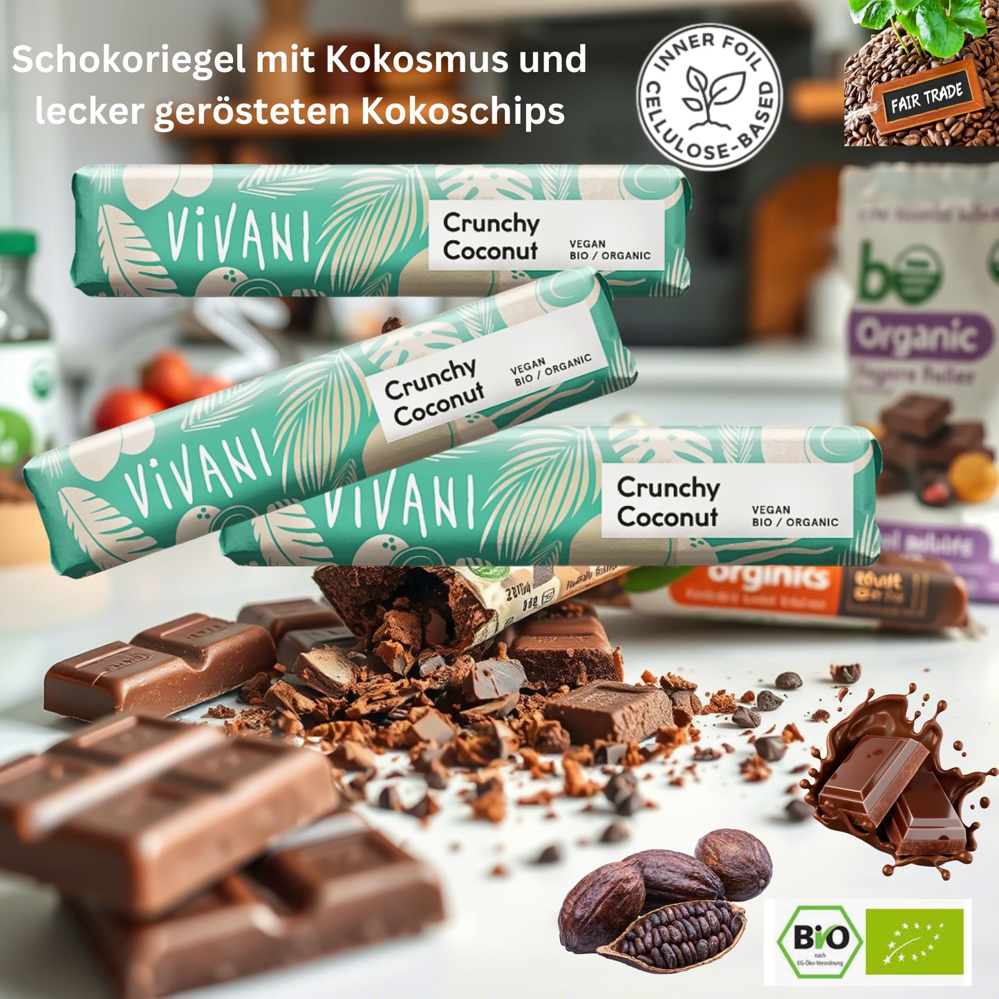 Vivani - Crunchy Coconut Schokoladenriegel 9x35g| Bio & Vegan Schokolade| Vegane Schokolade| Dunkle Schokolade