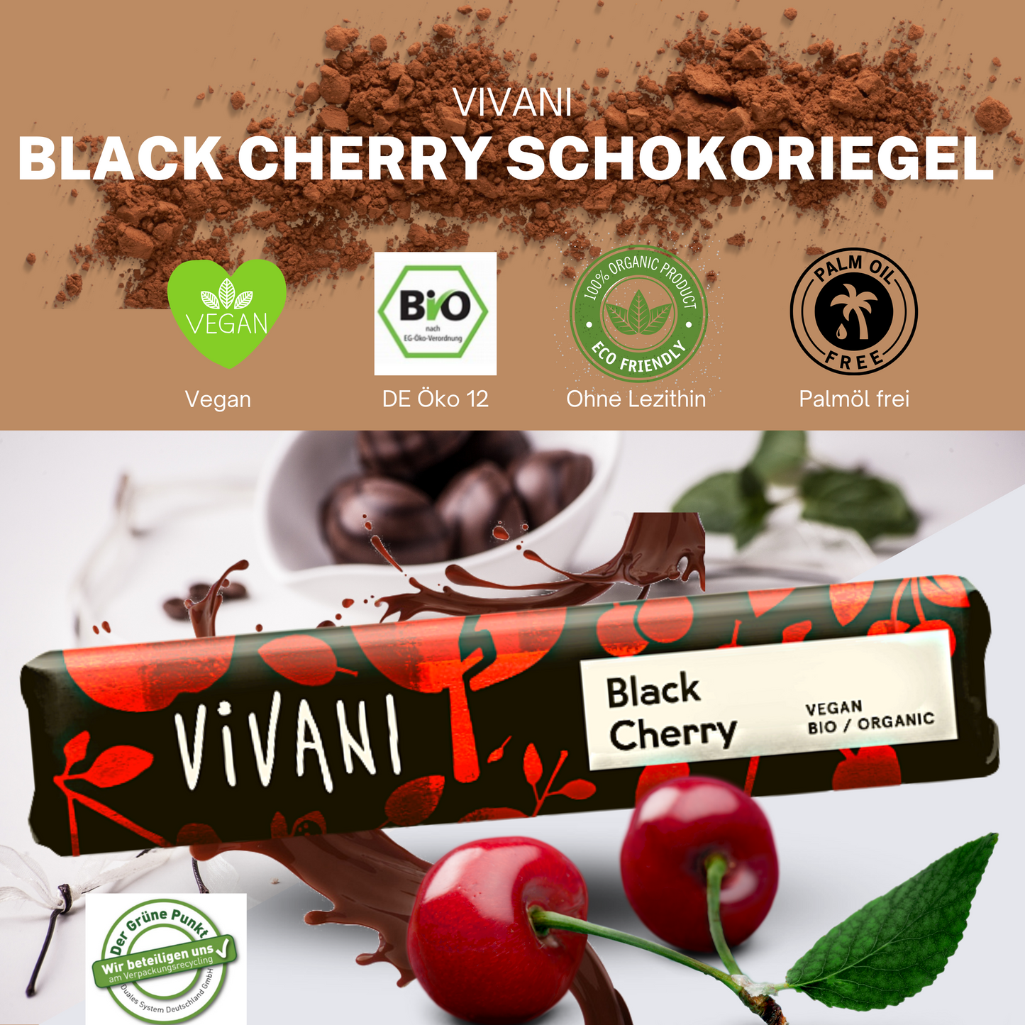 Vivani - Black Cherry Schokoladenriegel 35g