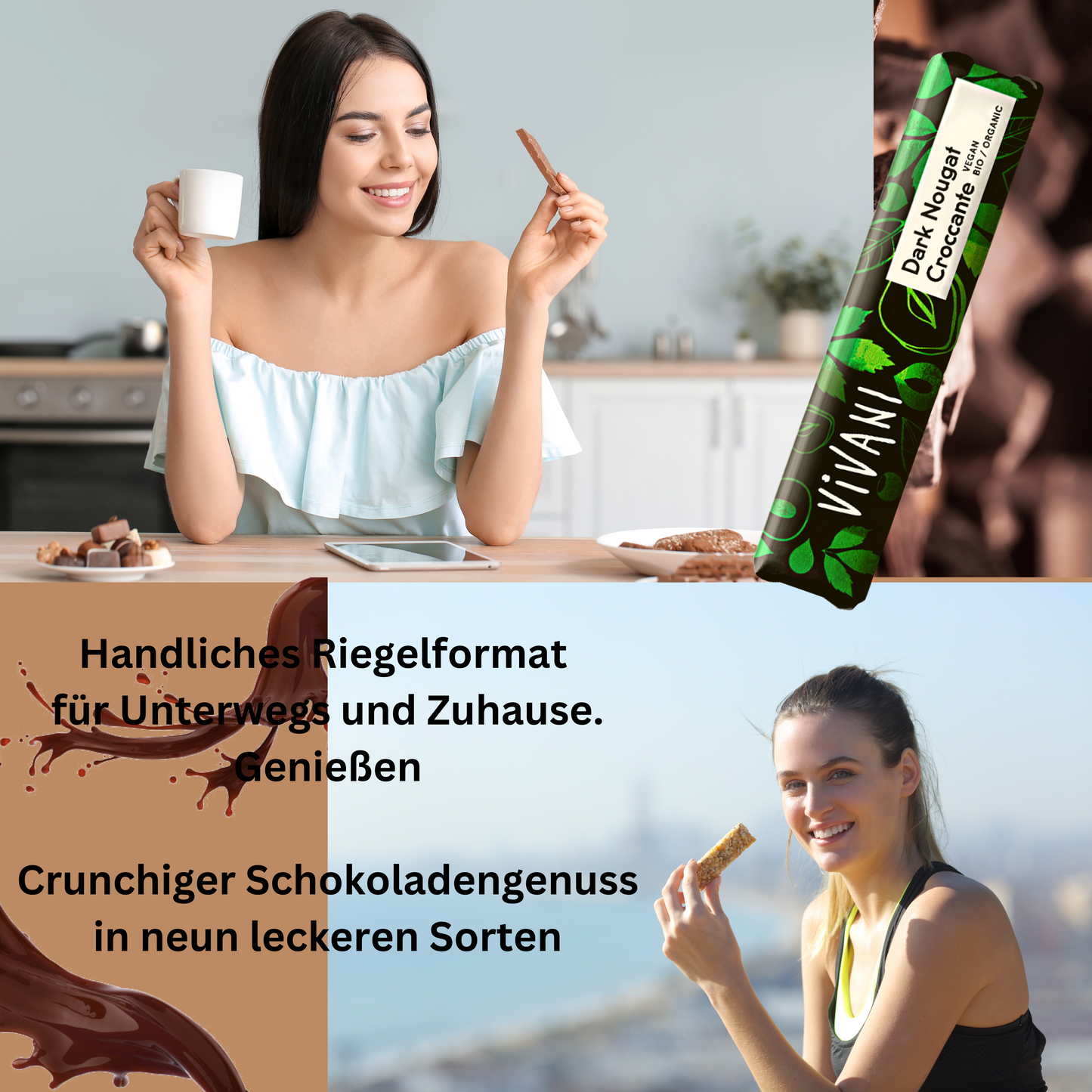Vivani - Dark Nougat Croccante Schokoriegel  35g
