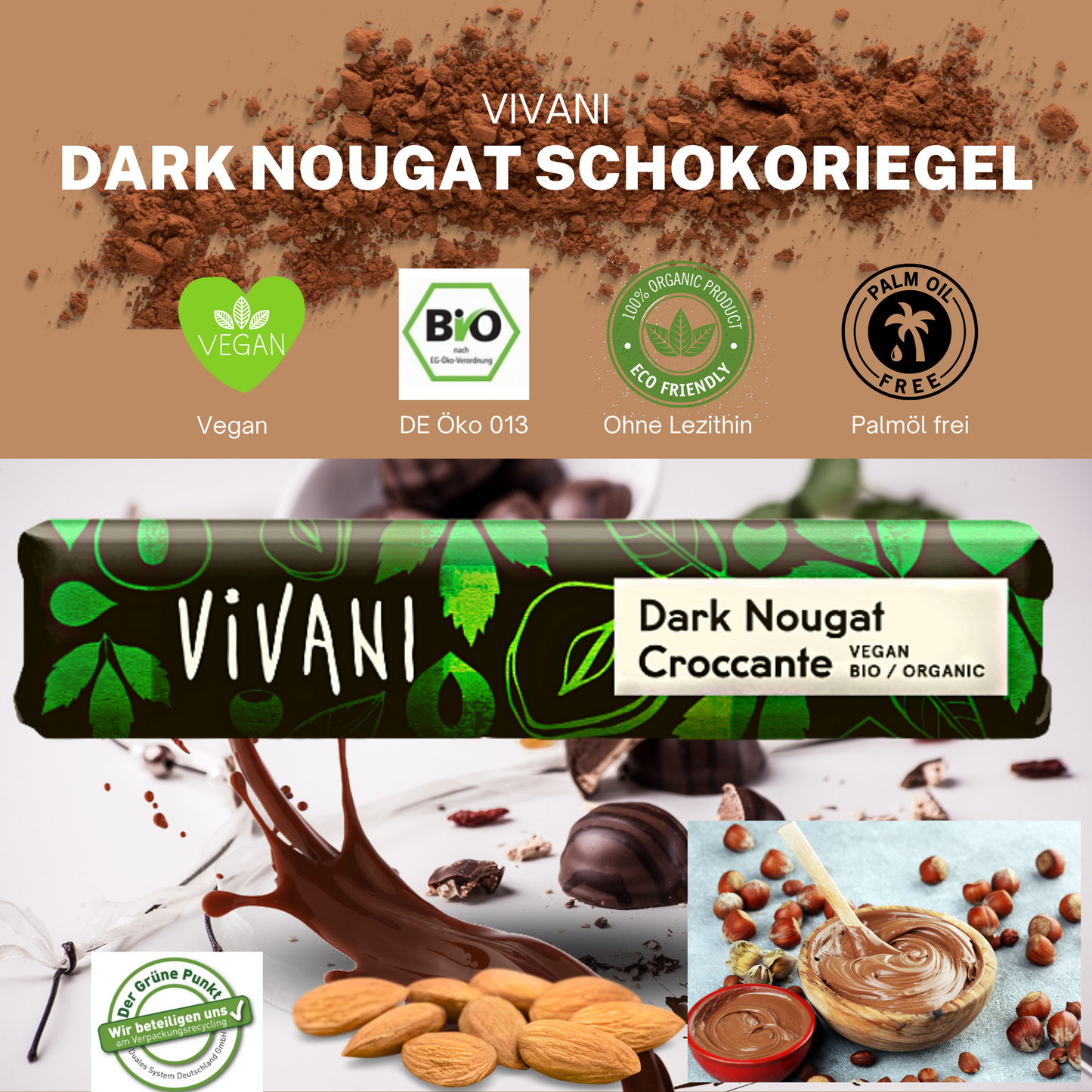 Vivani - Dark Nougat Croccante Schokoriegel  35g