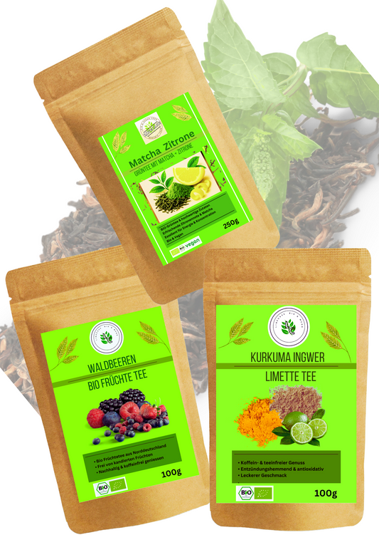 Linecase Tee Set 3x100g| Grüner Tee| Entspannungstee| Früchtetee| Aromatisierter Tee| Ingwer Tee