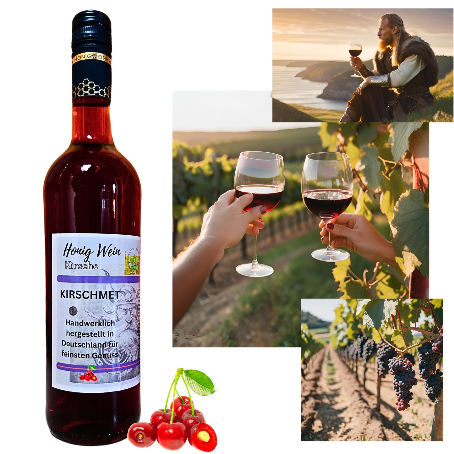 Honig Wein Kirschwein 0,7l - Holzkiste Geschenke Set mit Krüge