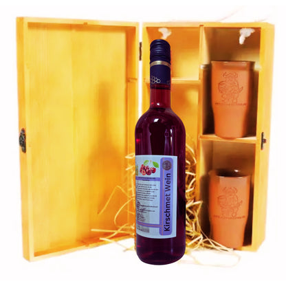 Honig Wein Kirschwein 0,7l - Holzkiste Geschenke Set mit Krüge