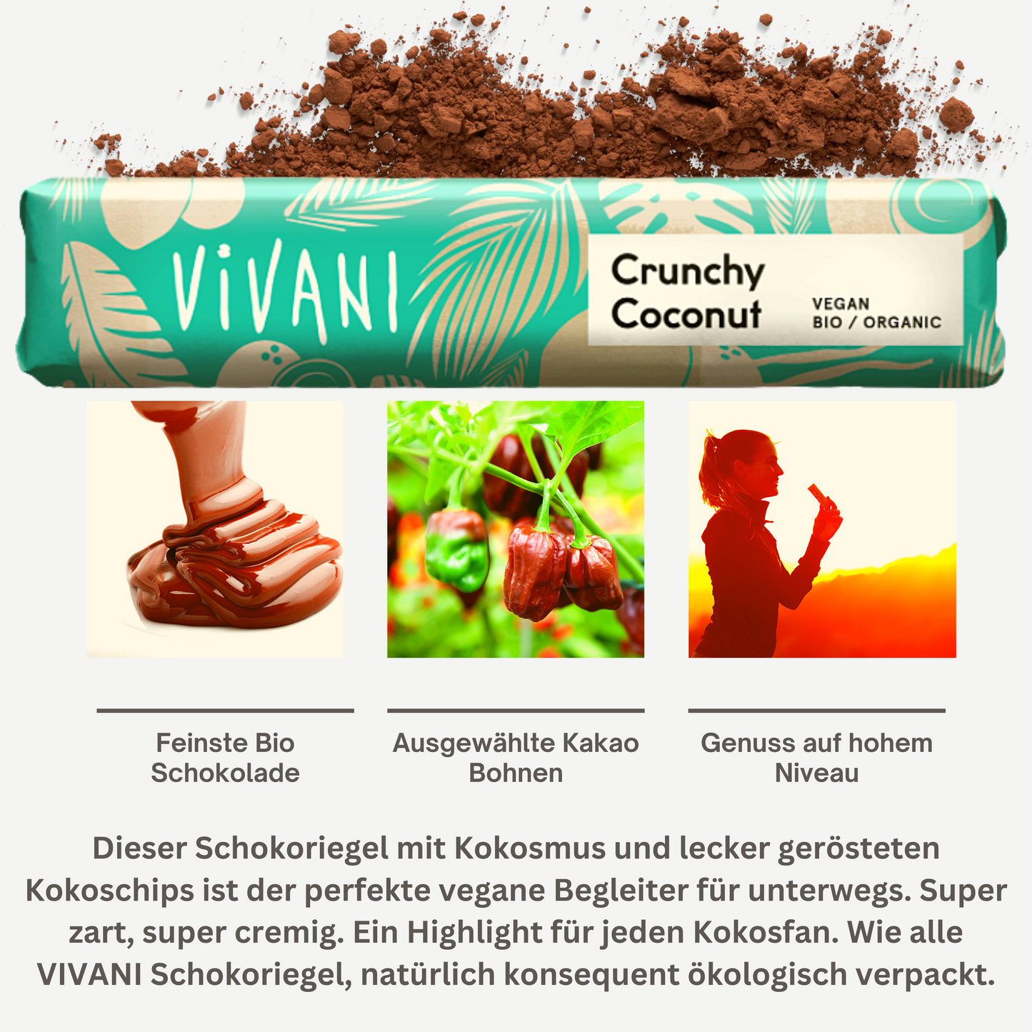 Vivani - Crunchy Coconut Schokoladenriegel 9x35g| Bio & Vegan Schokolade| Vegane Schokolade| Dunkle Schokolade