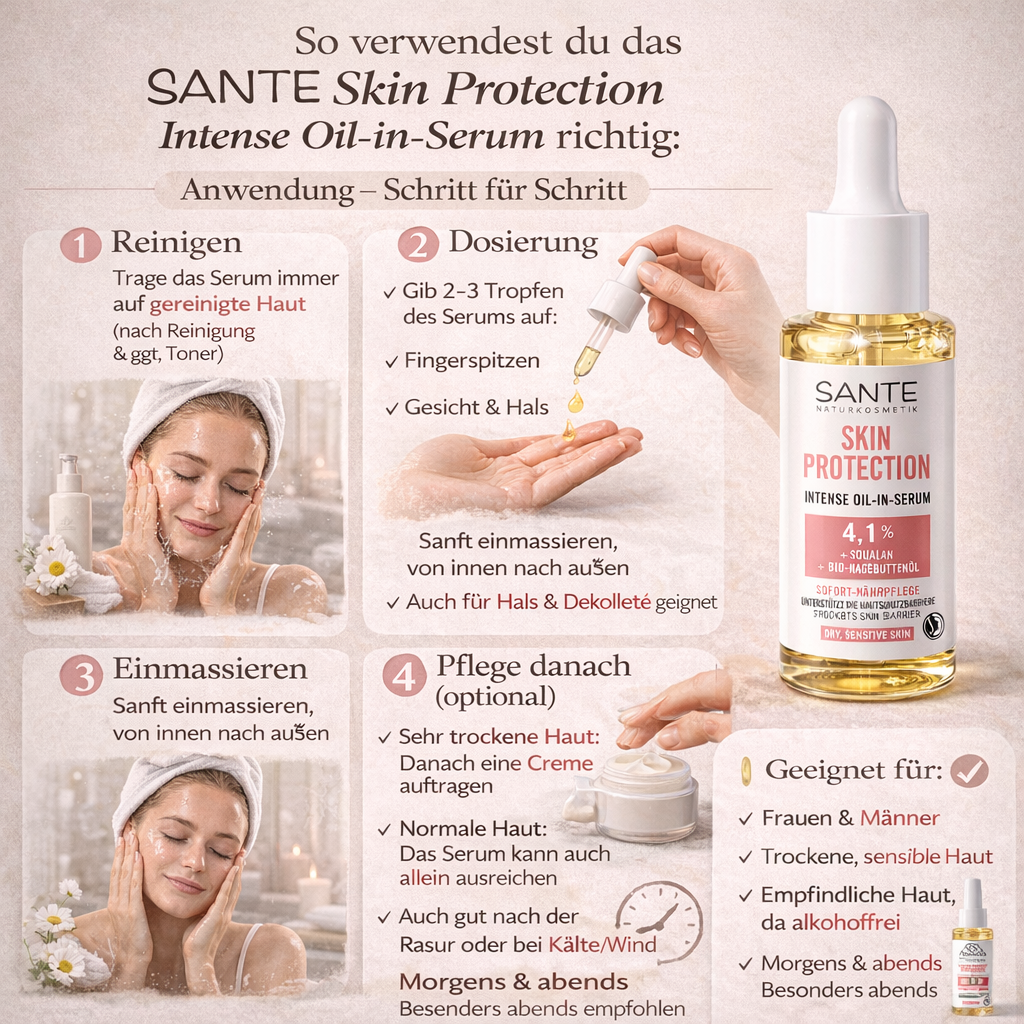 SANTE Naturkosmetik Serum mit Vitamin E, Squalan & Bio-Hagebuttenöl 30ml