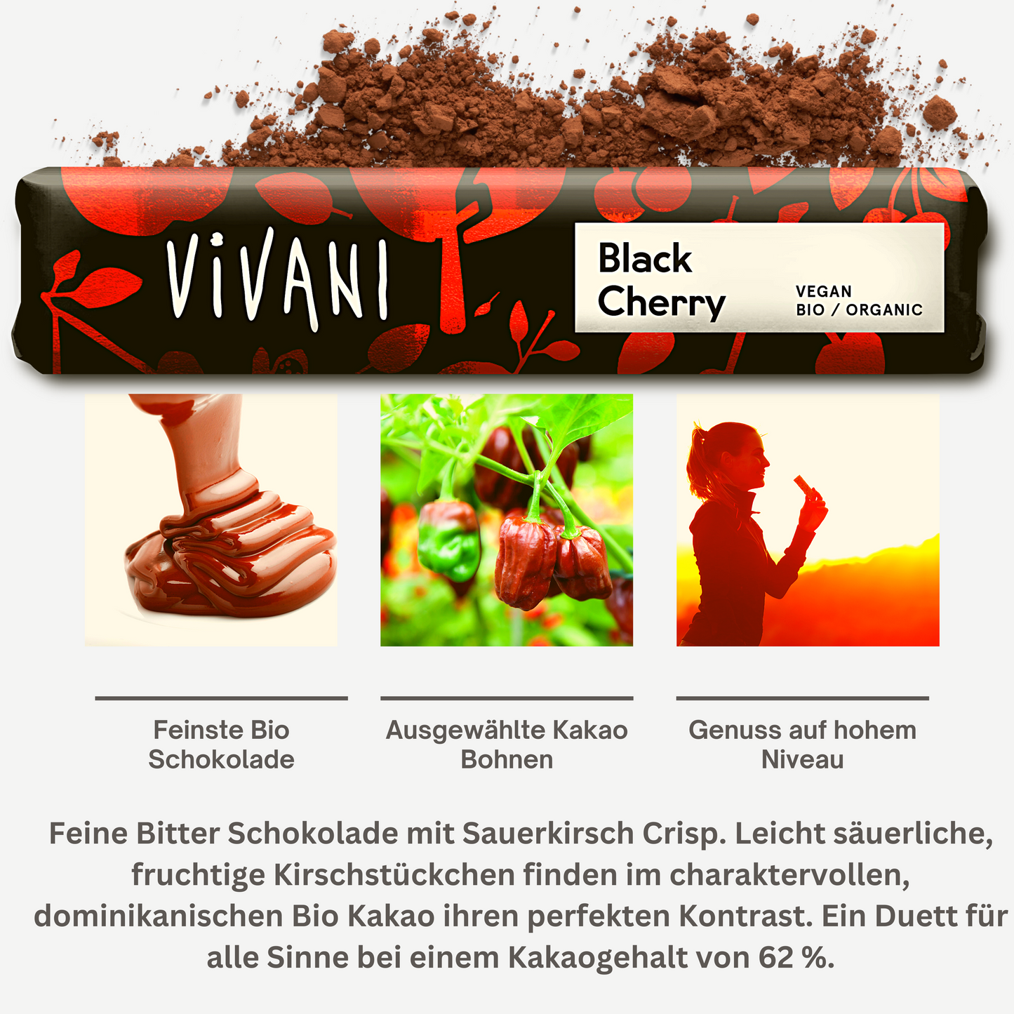 Vivani - Black Cherry Schokoladenriegel 9x35g| Bio & Vegan Schokolade| Vegane Schokolade| Dunkle Schokolade