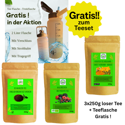 Tee Aktion - 3x250g loser Tee + Teeflasche Gratis