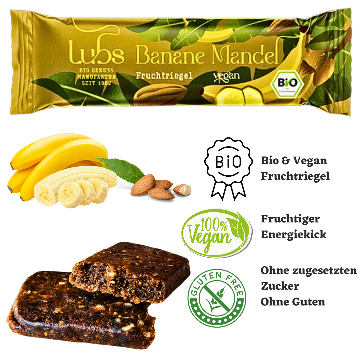 Lubs Bio& Vegan Fruchtriegel Banane & Mandel| Bio Riegel| Fruchtriegel| Trockenfruchtriegel| Gesunder Riegel| Veganer Riegel