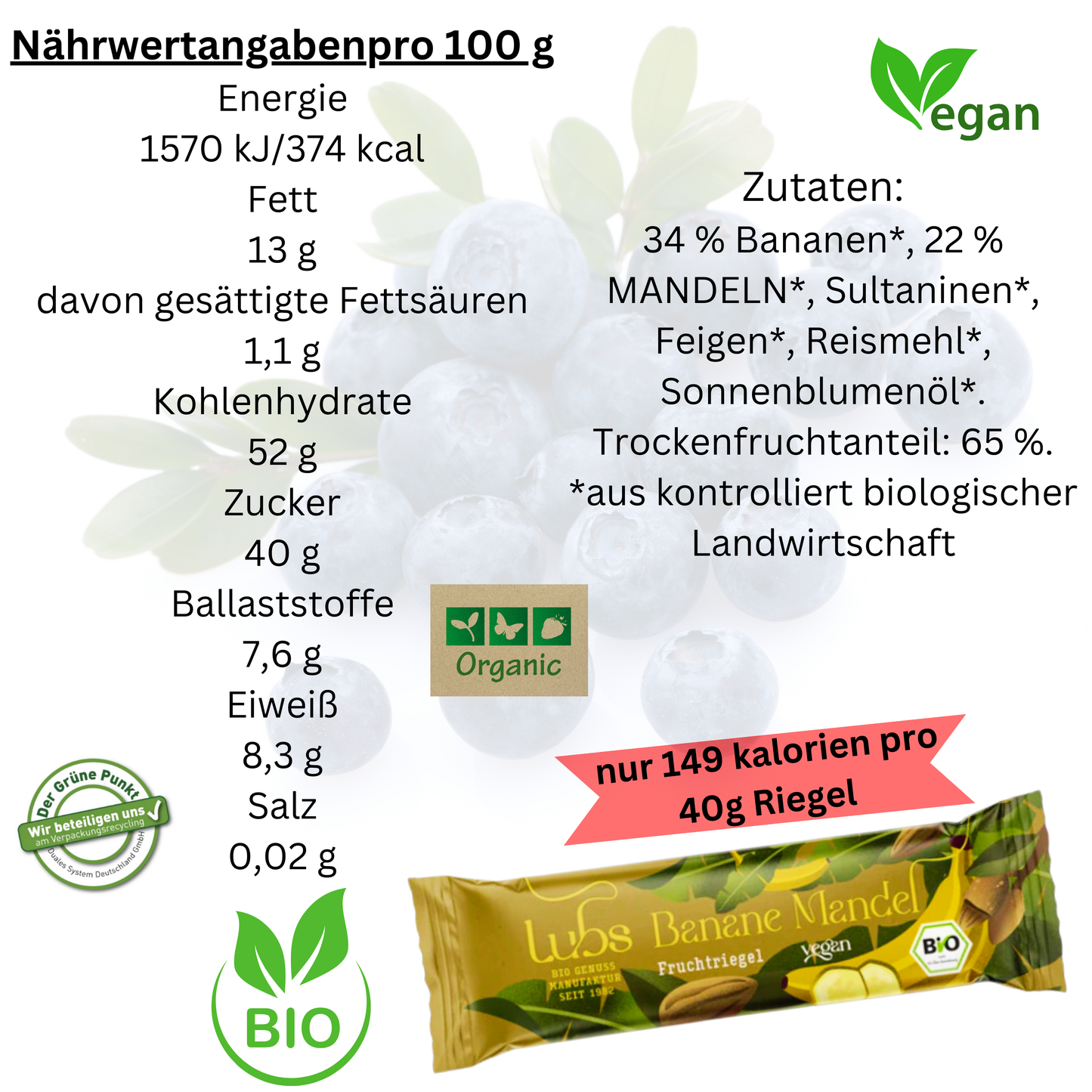 Lubs Bio& Vegan Fruchtriegel Banane & Mandel| Bio Riegel| Fruchtriegel| Trockenfruchtriegel| Gesunder Riegel| Veganer Riegel