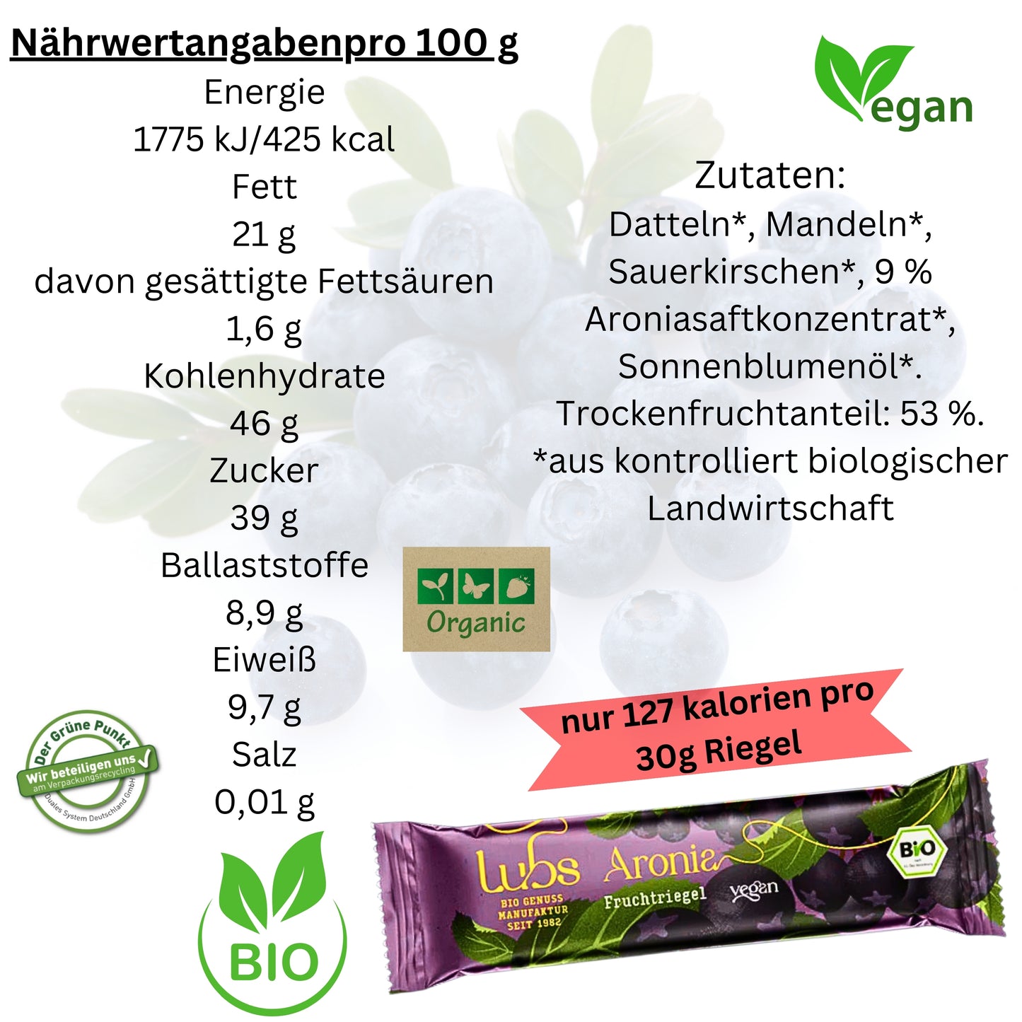 Lubs Bio & Vegan Fruchtriegel - Aronia Kirsch| Bio Riegel| Trockenfrucht Riegel| Gesunder Riegel| Lubs Riegel