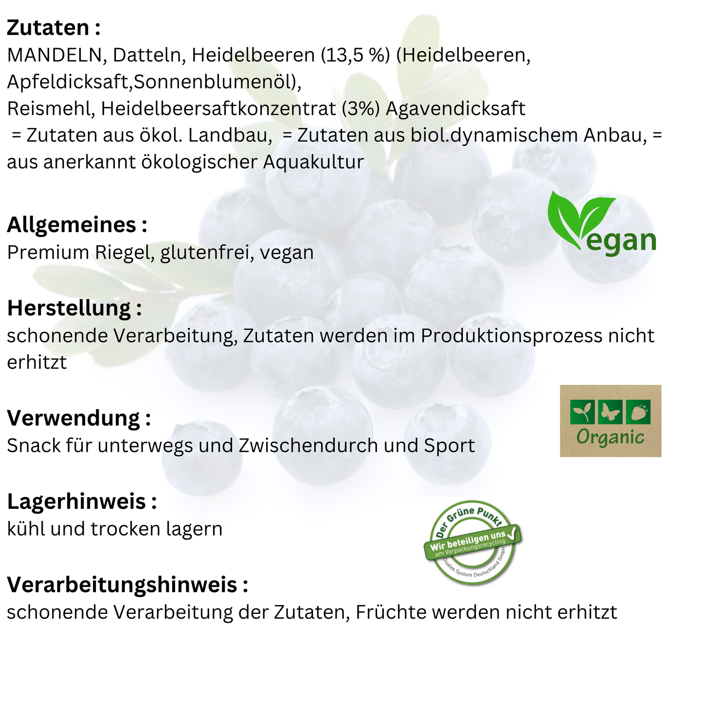 Lubs Bio&Vegan Fruchtriegel Heidelbeer| Lubs Fruchtriegel| Trockenfruchtriegel| Fruchtschnitte| Heidelbeer Riegel