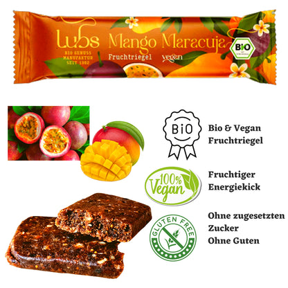 Lubs Bio & Vegan Fruchtriegel Mango Maracuja| Fruchtriegel ohne Zucker| Veganer Snack| Fruchtschnitte