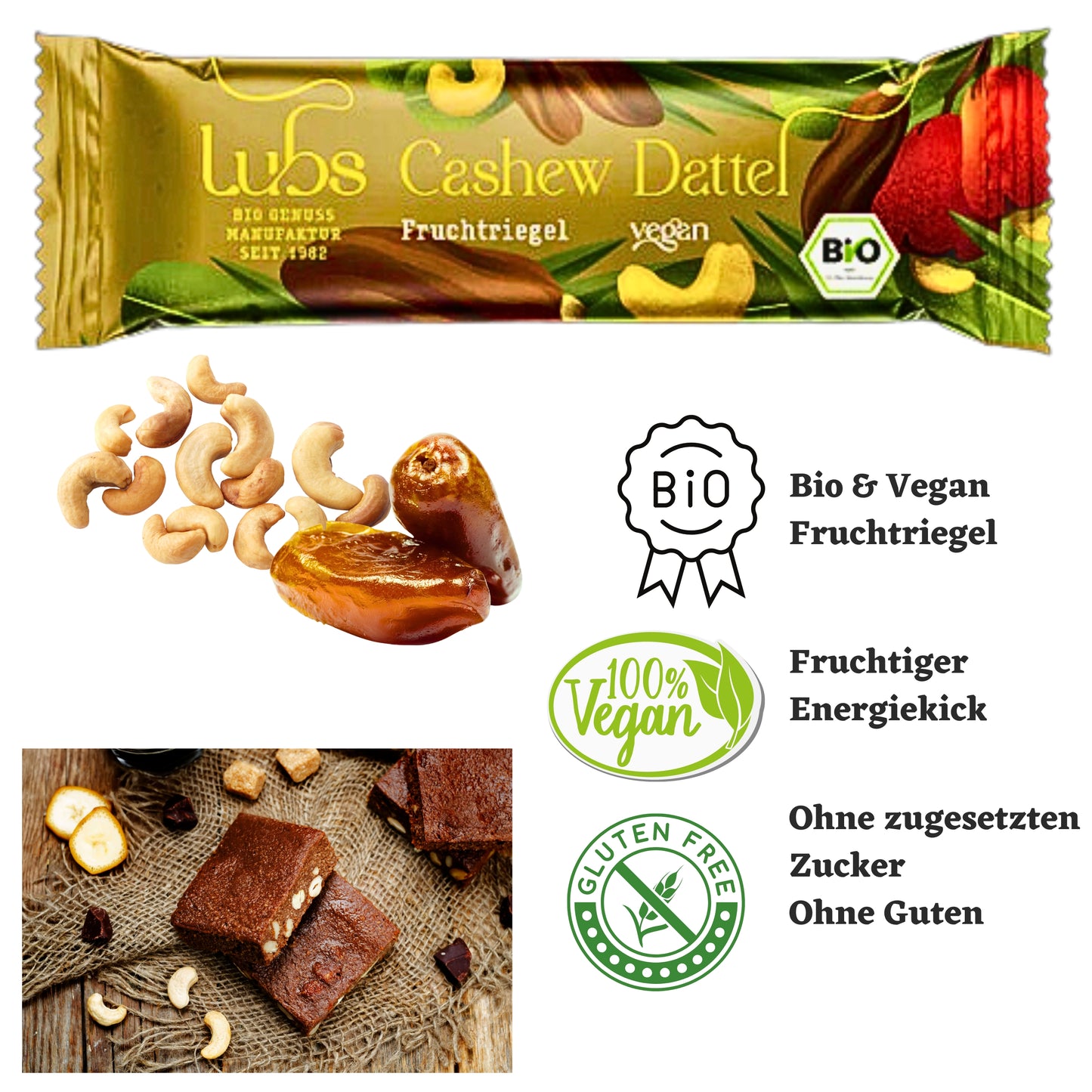 Lubs Bio & Vegan Rohkostriegel Cashwew Dattel| Dattel Rokostriegel| Fruchtriegel| Bio Riegel| Trockenfrüchte Riegel