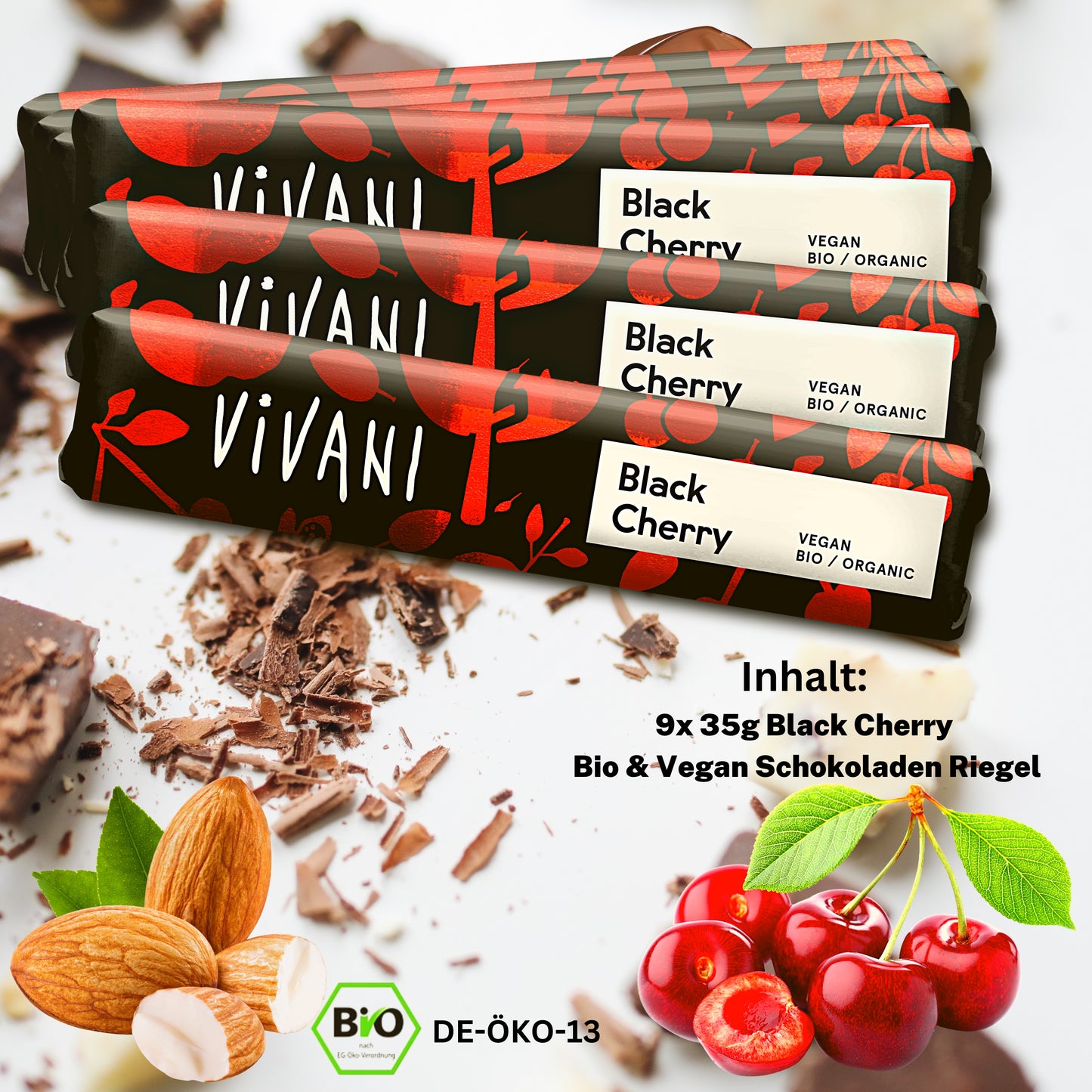 Vivani - Black Cherry Schokoladenriegel 9x35g| Bio & Vegan Schokolade| Vegane Schokolade| Dunkle Schokolade