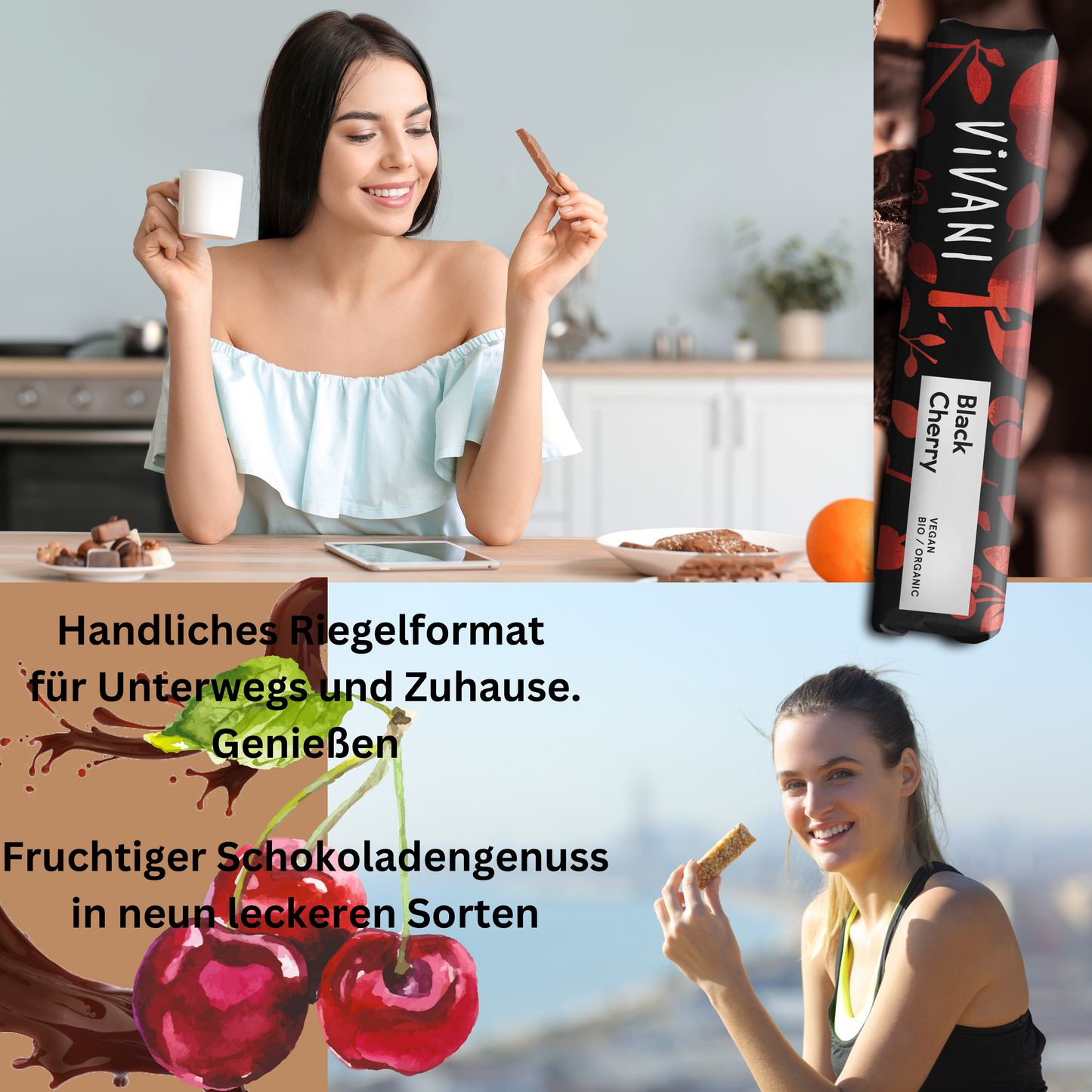 Vivani - Black Cherry Schokoladenriegel 9x35g| Bio & Vegan Schokolade| Vegane Schokolade| Dunkle Schokolade