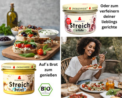 Zwergenwiese Brotaufstrich 4Pfeffer+Brotzeit 2x180g| Veganer Streich| Bio&Veganer Brotaufstrich| Zwergenstreich| Zwergenwiese| Bio Aufstrich