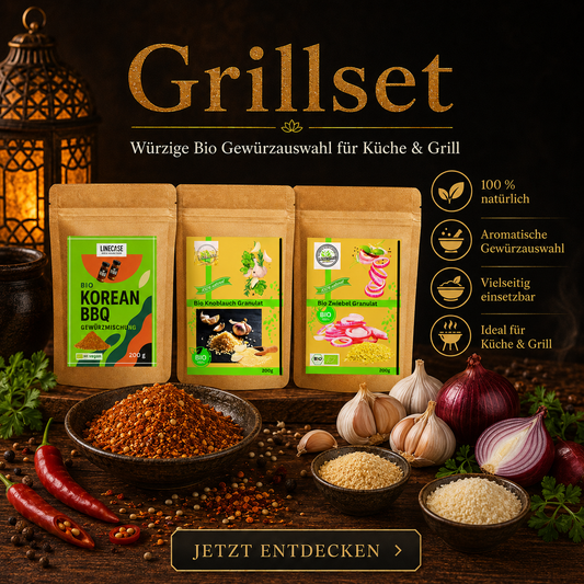 Bio  Linecase Bio Gewürz Trio 3x200g – Korean BBQ, Knoblauch Granulat & Zwiebel Granulat