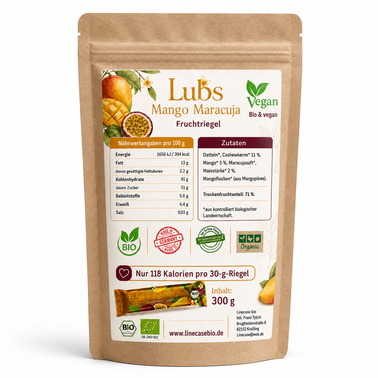 Lubs Bio & Vegan Fruchtriegel Mango Maracuja