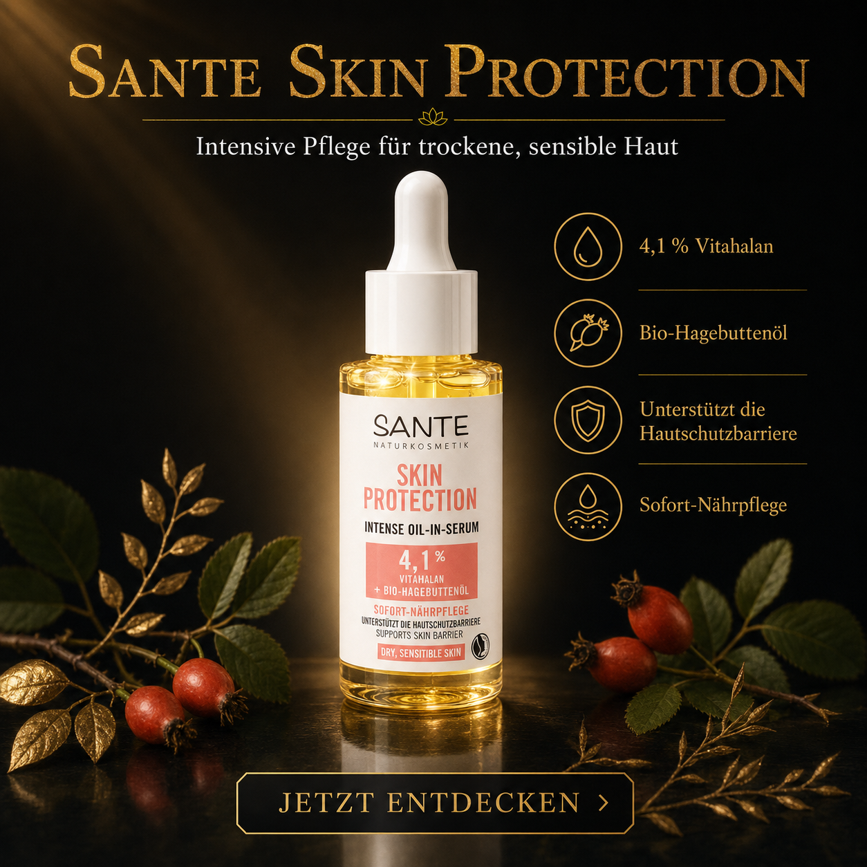 SANTE Bio Naturkosmetik Serum mit Vitamin E, Squalan & Bio-Hagebuttenöl 30ml