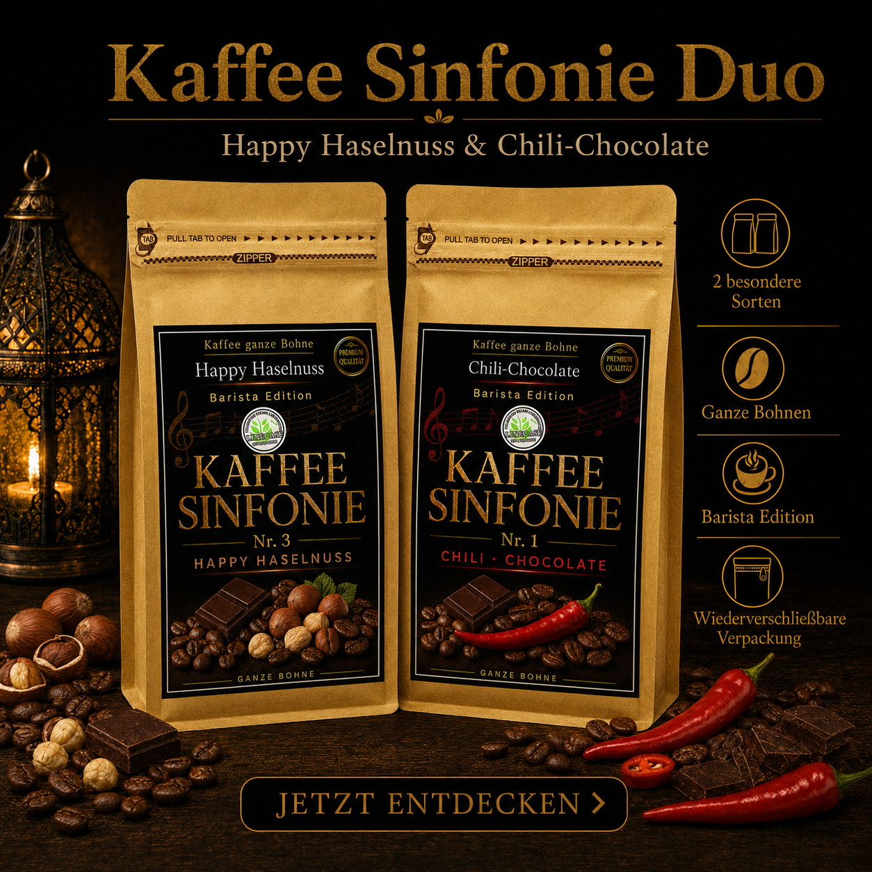 Kaffee Bohnen Set Kaffee ganze Bohne| 2x250g Haselnuss+Chili Schokoladen Kaffee| Arabica Kaffee