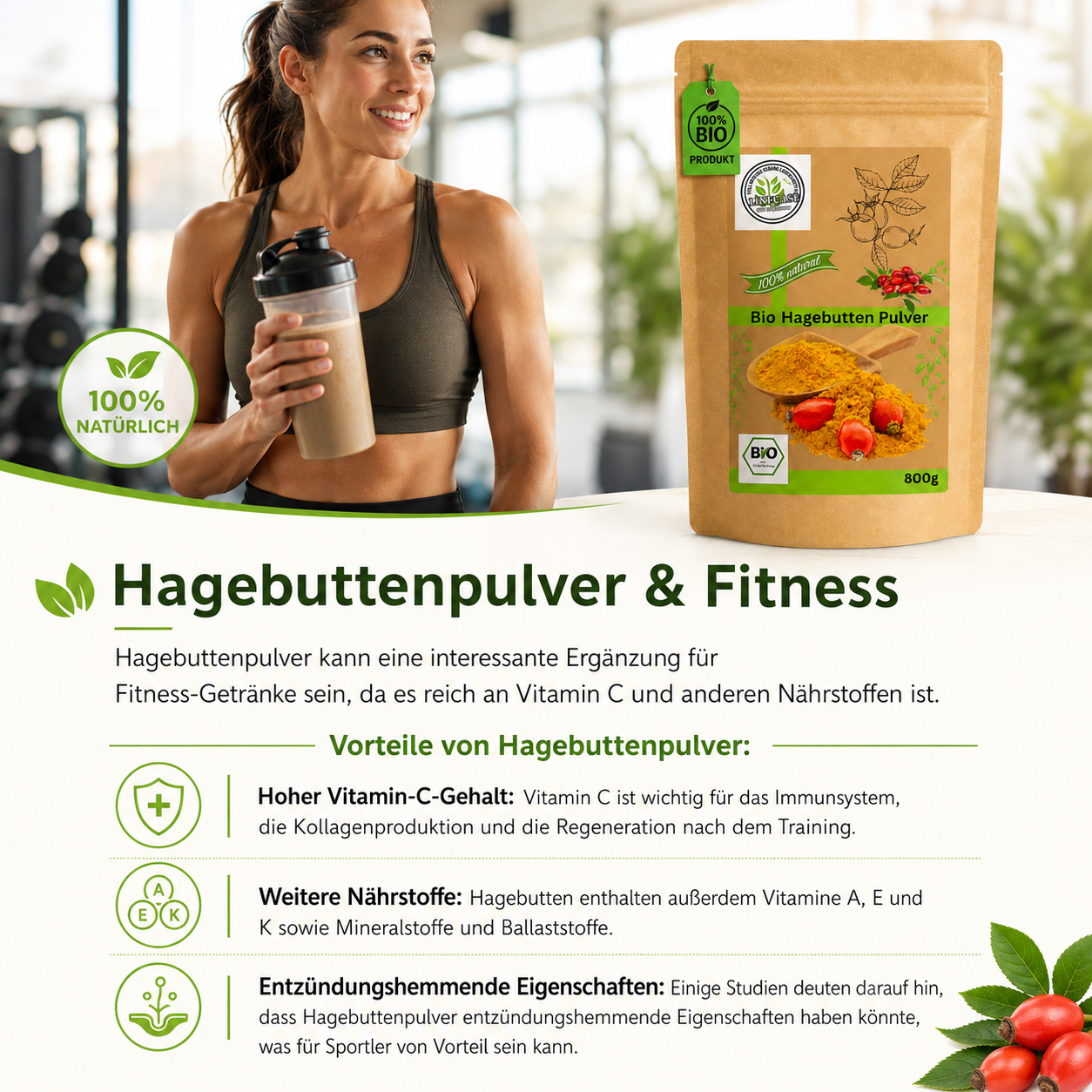 Bio Hagenbutten Pulver gemahlen 2x800g| Hagebuttenpulver| fein gemahlen| 100% Bio