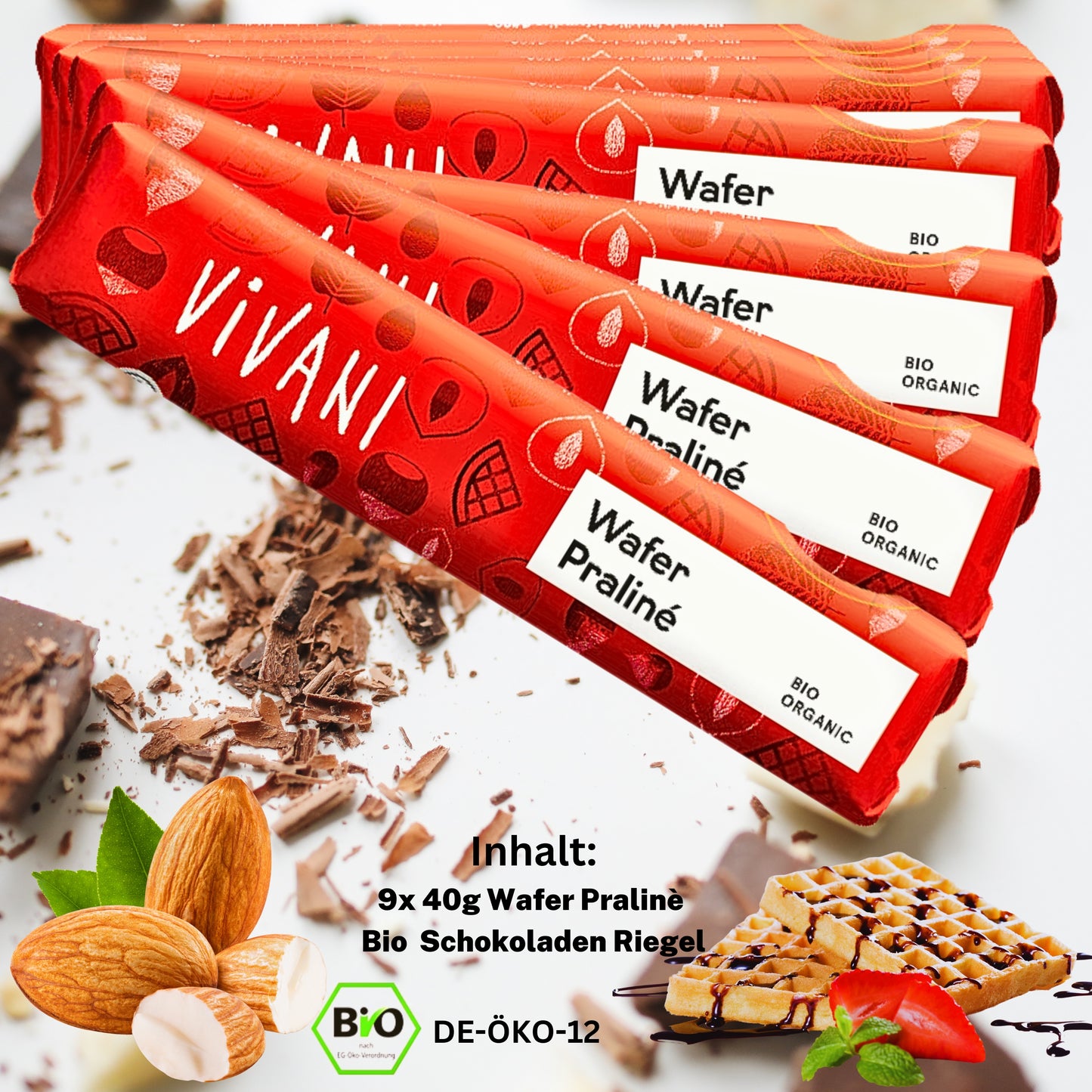 Vivani - Wafer Pralinè Schokoladenriegel 9x40g| Vivani Bio Schokolade| Schokoriegel mit Nougat| Wafer Praliné| Vivani Wafer Pralinè