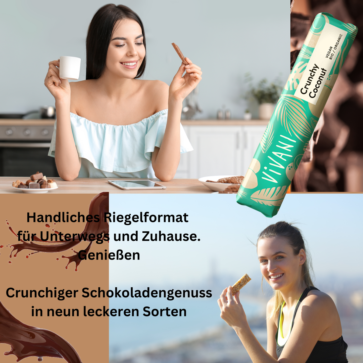 Vivani - Crunchy Coconut Schokoladenriegel 9x35g| Bio & Vegan Schokolade| Vegane Schokolade| Dunkle Schokolade