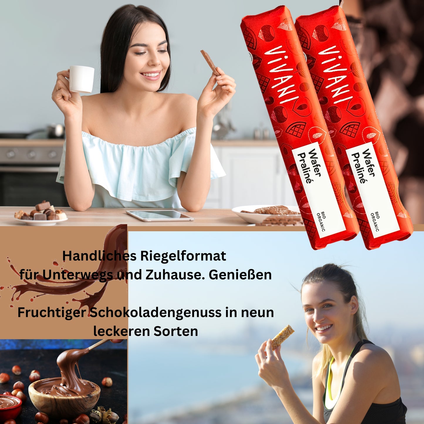 Vivani - Wafer Pralinè Schokoladenriegel 9x40g| Vivani Bio Schokolade| Schokoriegel mit Nougat| Wafer Praliné| Vivani Wafer Pralinè