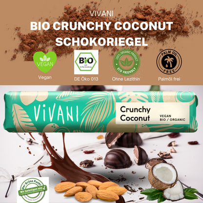 Vivani - Crunchy Coconut Schokoladenriegel 9x35g| Bio & Vegan Schokolade| Vegane Schokolade| Dunkle Schokolade