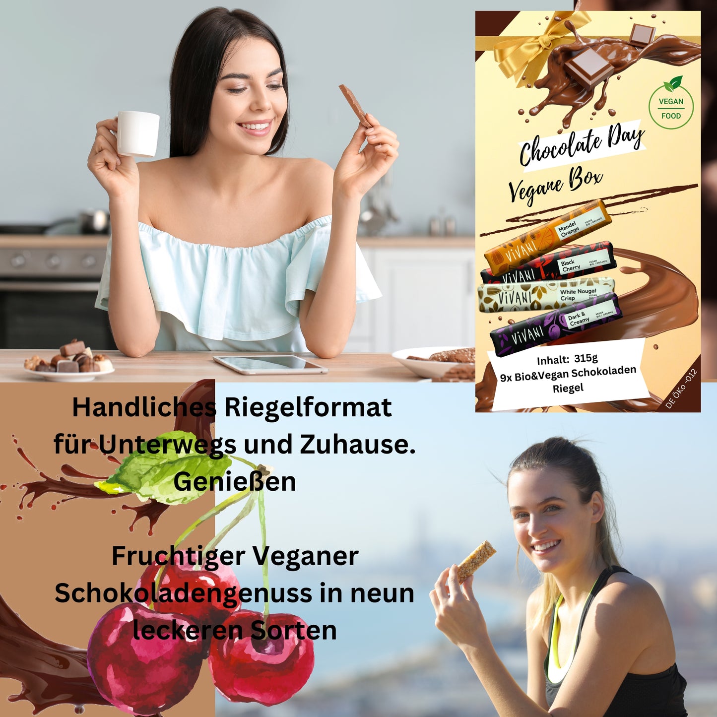 Vivani Vegane Schoko Riegel Box| Vegane Riegel| Vegane Schokolade| Schokoriegel Box gemischt| Veganer Snack