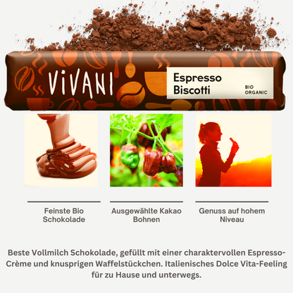 Vivani - Espresso Biscotti Schokoriegel 9x40g | Bio Schokoladen Riegel| Schokoladen Riegel mit Kaffee