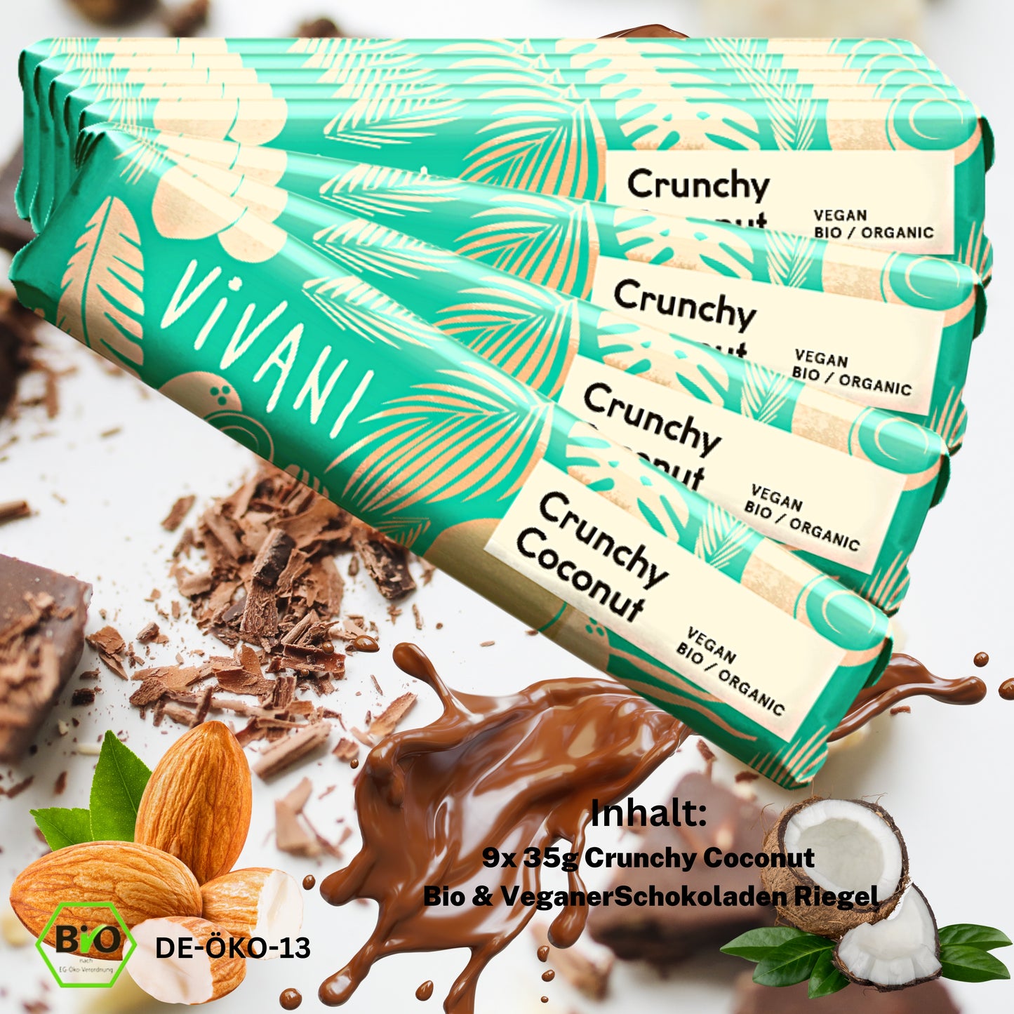 Vivani - Crunchy Coconut Schokoladenriegel 9x35g| Bio & Vegan Schokolade| Vegane Schokolade| Dunkle Schokolade