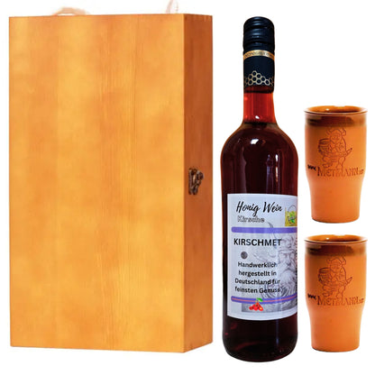 Honig Wein - Kirschwein Holzkiste Geschenke Set mit Krüge| Honig Wein| Metwein