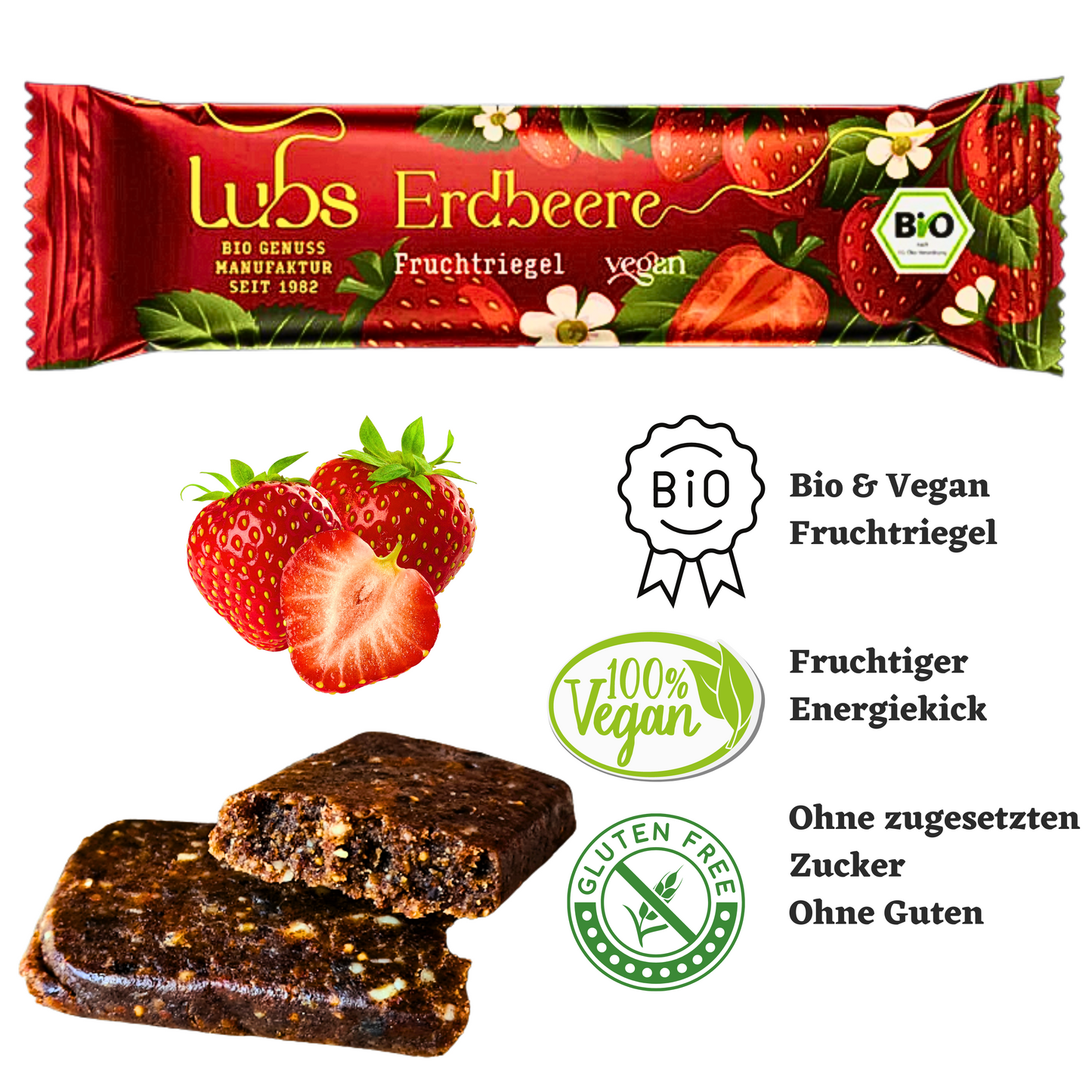 Lubs Bio & Vegan Fruchtriegel Erdbeer| Fruchtschnitte| Erdbeer Riegel| Gesunder Snack ohne Zuckerzusatz