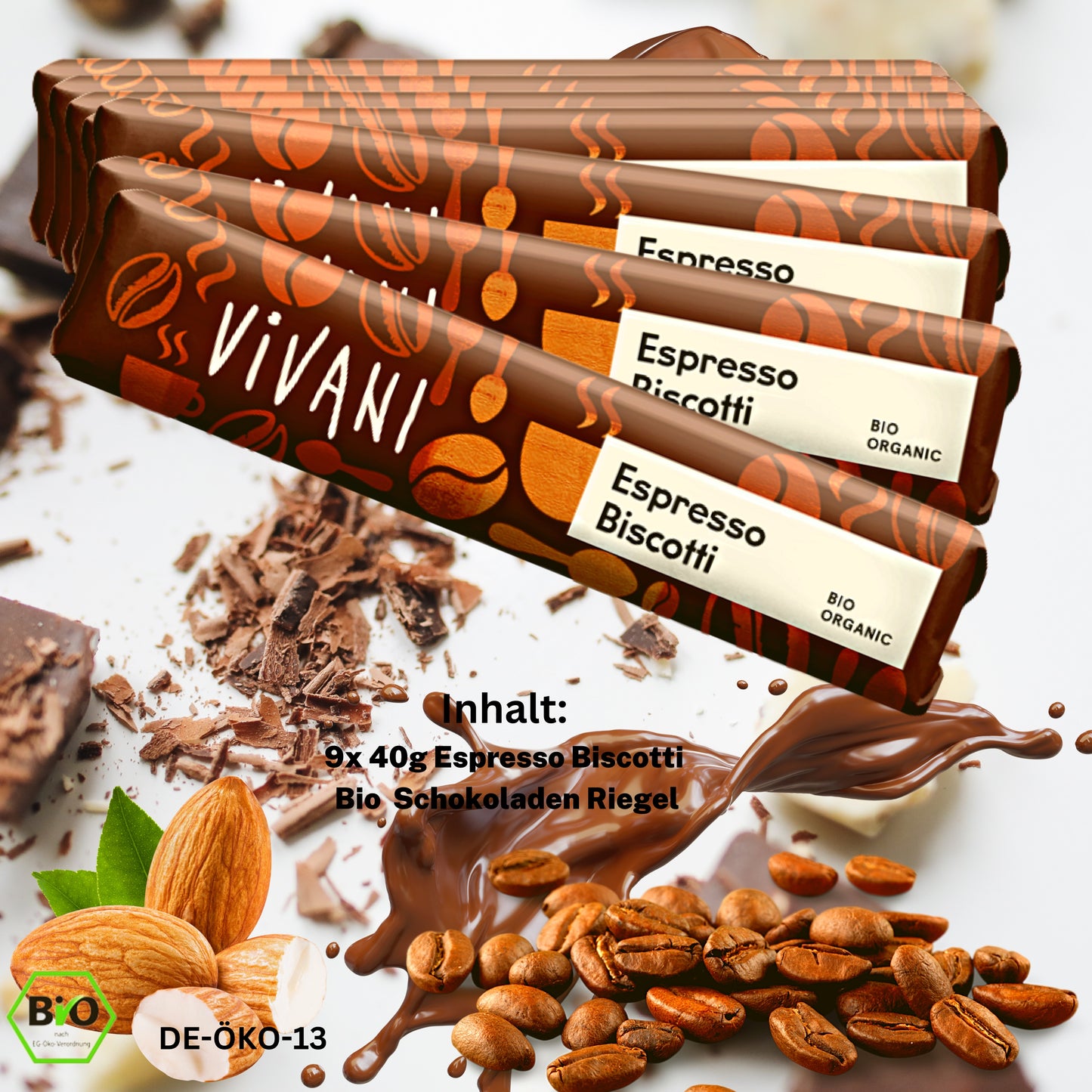 Vivani - Espresso Biscotti Schokoriegel 9x40g | Bio Schokoladen Riegel| Schokoladen Riegel mit Kaffee