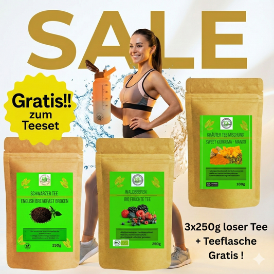Tee Aktion - 3x250g loser Tee + Teeflasche Gratis