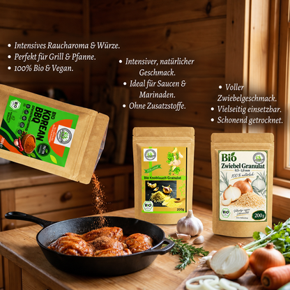 Bio  Linecase Bio Gewürz Trio 3x200g – Korean BBQ, Knoblauch Granulat & Zwiebel Granulat