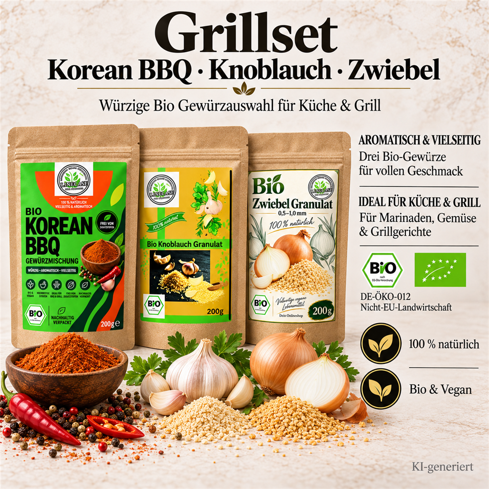 Bio  Linecase Bio Gewürz Trio 3x200g – Korean BBQ, Knoblauch Granulat & Zwiebel Granulat