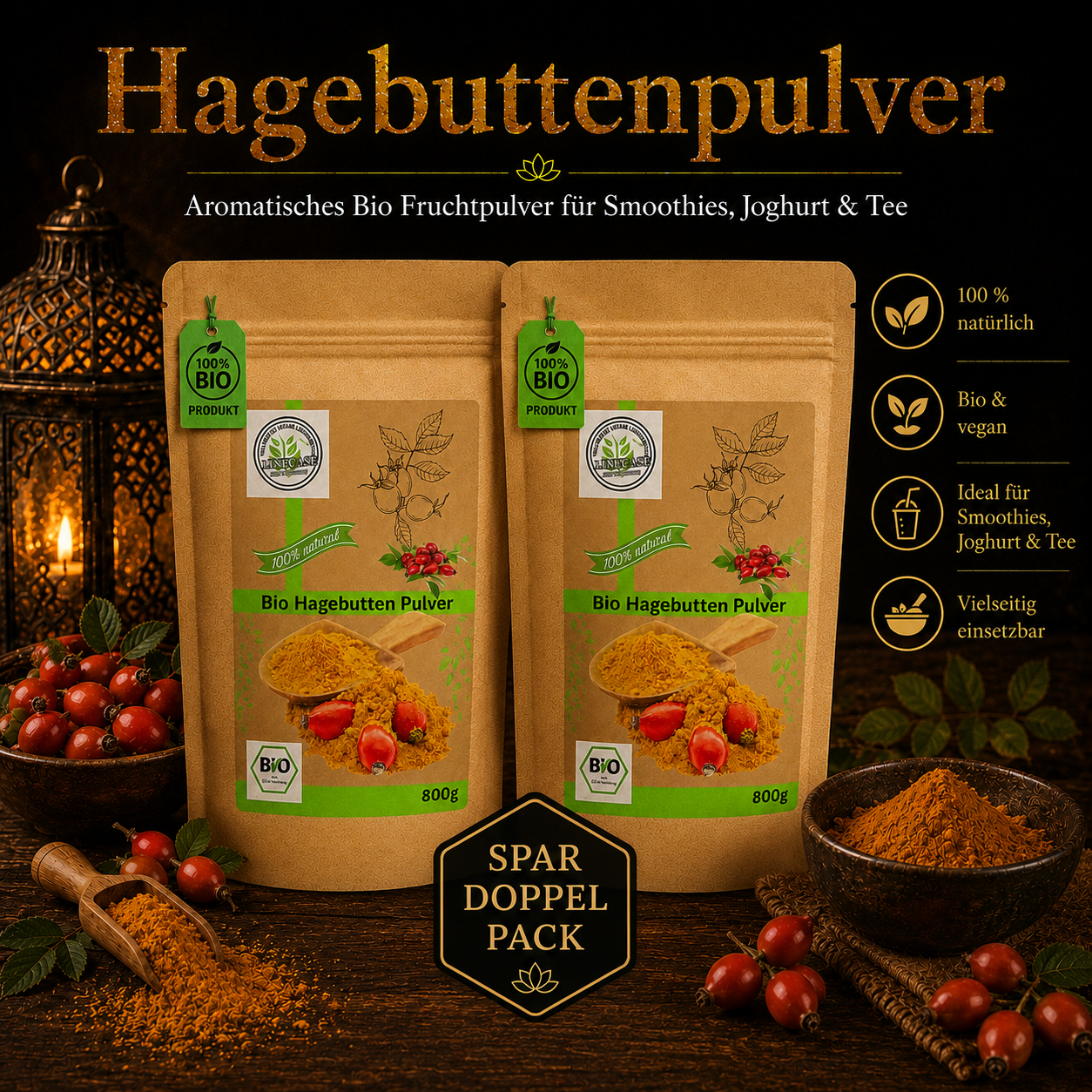 Bio Hagenbutten Pulver gemahlen 2x800g| Hagebuttenpulver| fein gemahlen| 100% Bio