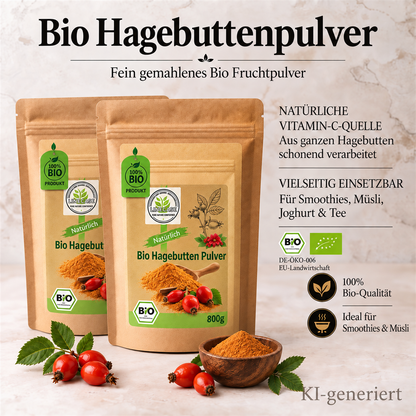 Bio Hagenbutten Pulver gemahlen 2x800g| Hagebuttenpulver| fein gemahlen| 100% Bio