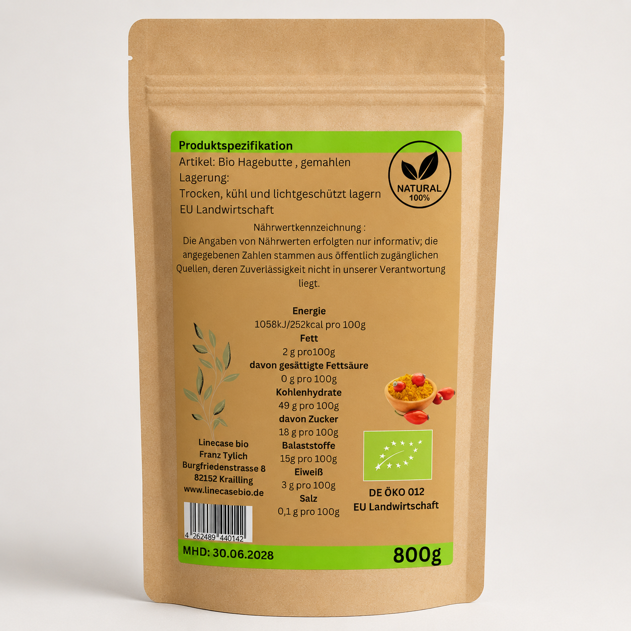 Bio Hagenbutten Pulver gemahlen 2x800g| Hagebuttenpulver| fein gemahlen| 100% Bio