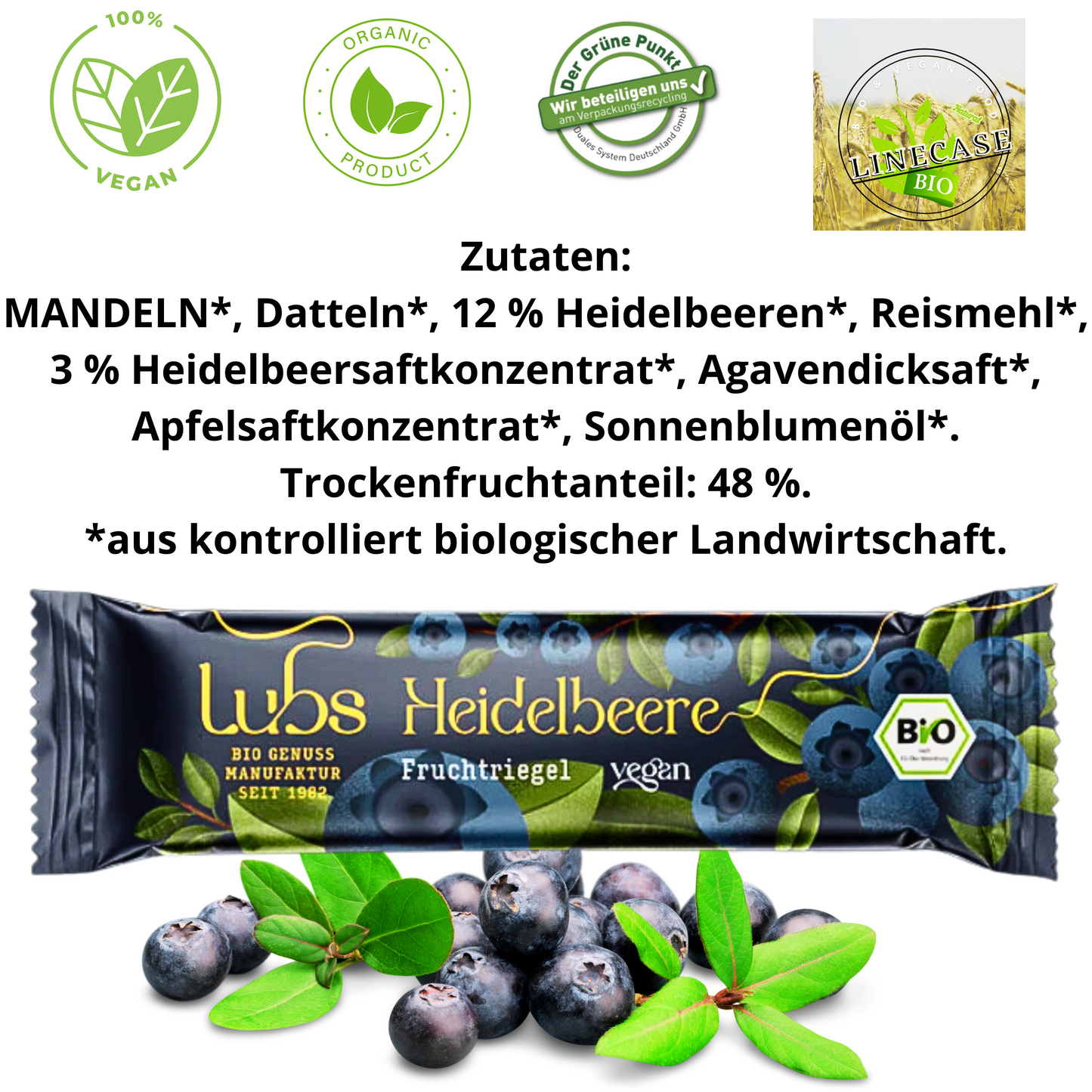 Lubs Bio&Vegan Fruchtriegel Heidelbeer| Lubs Fruchtriegel| Trockenfruchtriegel| Fruchtschnitte| Heidelbeer Riegel