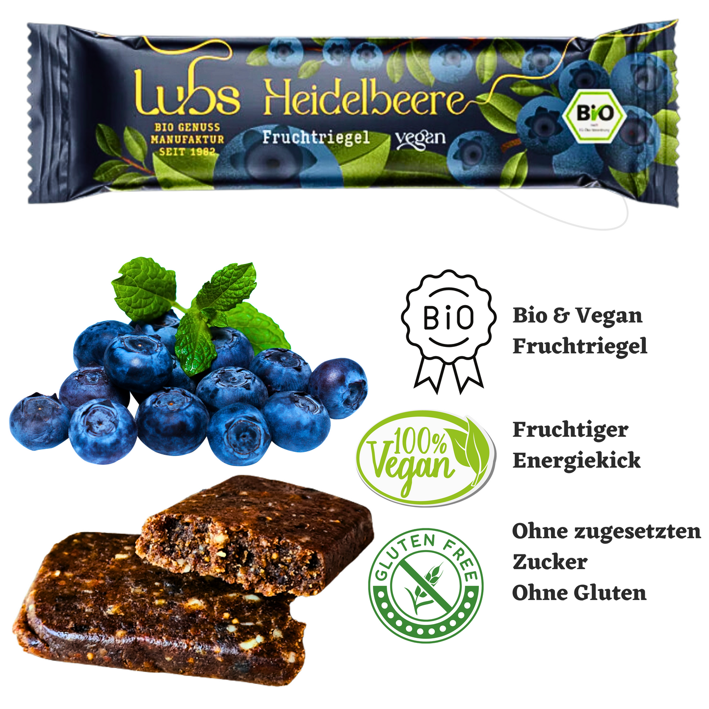 Lubs Bio&Vegan Fruchtriegel Heidelbeer| Lubs Fruchtriegel| Trockenfruchtriegel| Fruchtschnitte| Heidelbeer Riegel