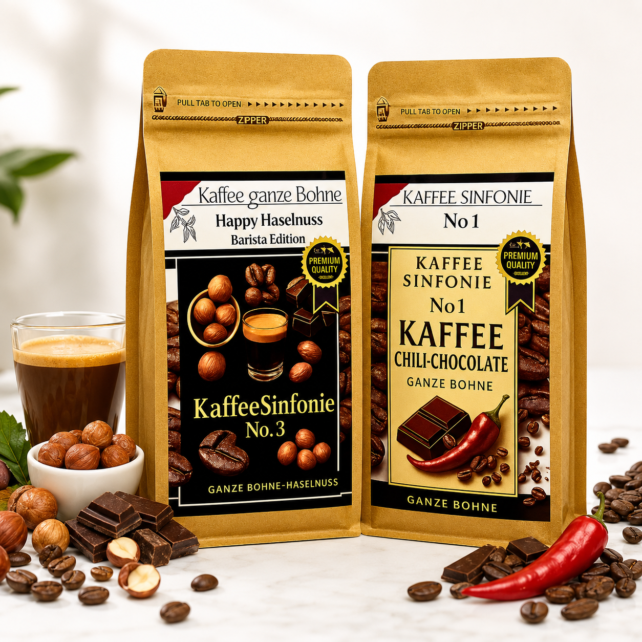 Kaffee Bohnen Set Kaffee ganze Bohne| 2x250g Haselnuss+Chili Schokoladen Kaffee| Arabica Kaffee