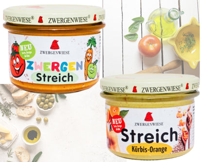 Zwergenwiese Kinderstreich Tomate+Kürbis Orange 2x180g| Veganer Streich| Kinderstreich| Bio Brotaufstrich| Zwergenwiese Streich| Bio Streich| Bio&Veganer Aufstrich