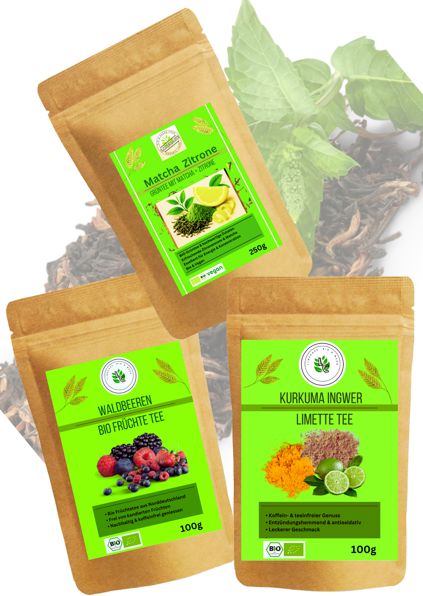 Linecase Tee Set 3x100g| Grüner Tee| Entspannungstee| Früchtetee| Aromatisierter Tee| Ingwer Tee
